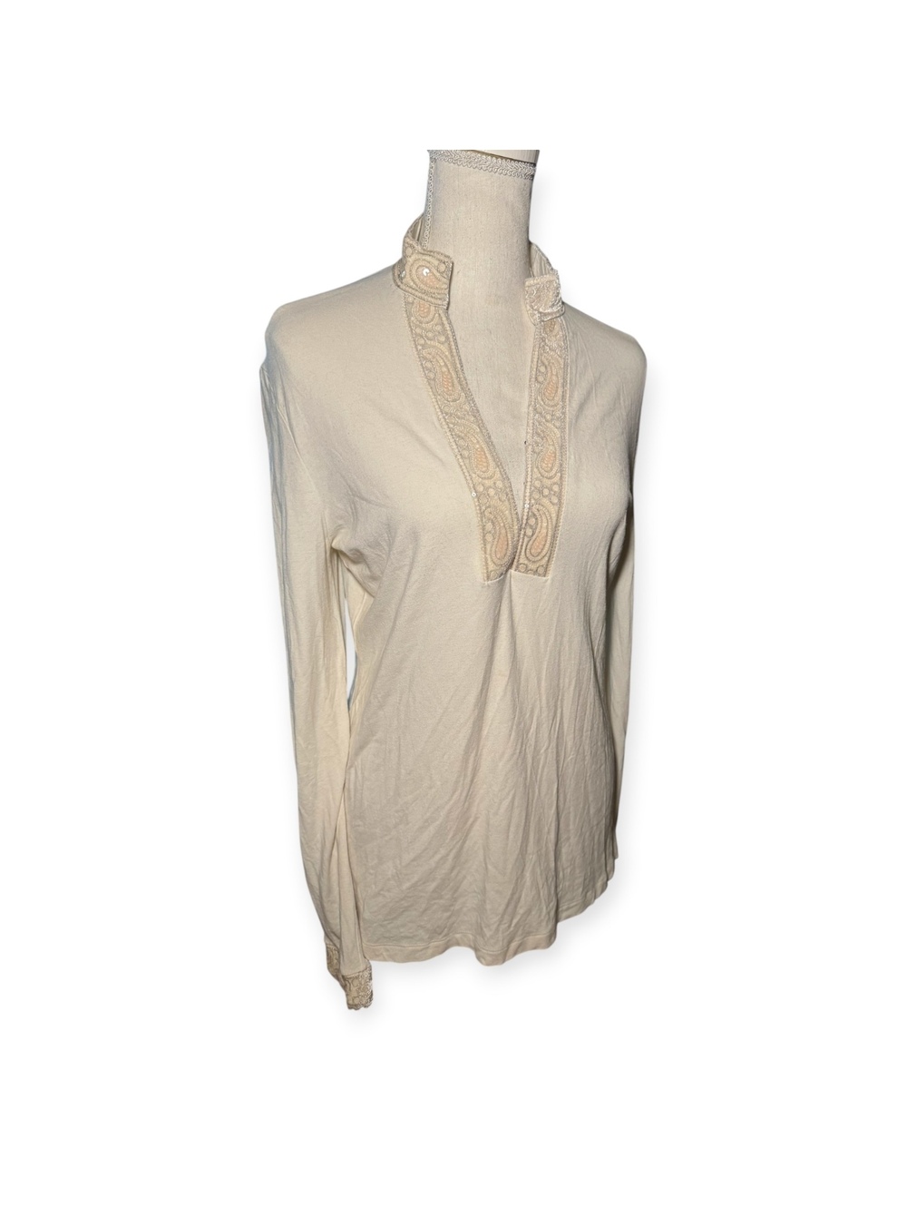 Talbots White Vintage Blouse Long Sleeve Sz Small Embellished Collar Sequins GC